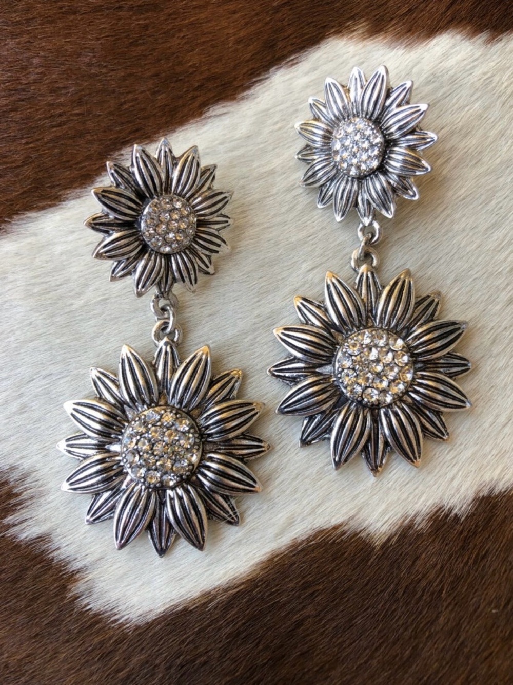 Silver Sunflower Drop Earrings with Crystal Centers